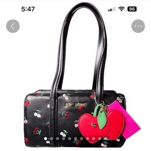 Betsey Johnson NWT  Black Cherry Embroidered Shoulder Bag W Charm